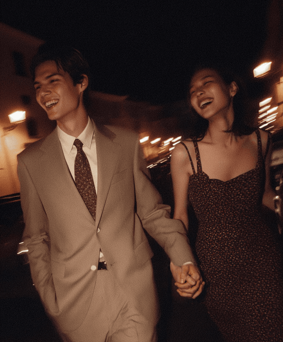 Couple holding hands at night